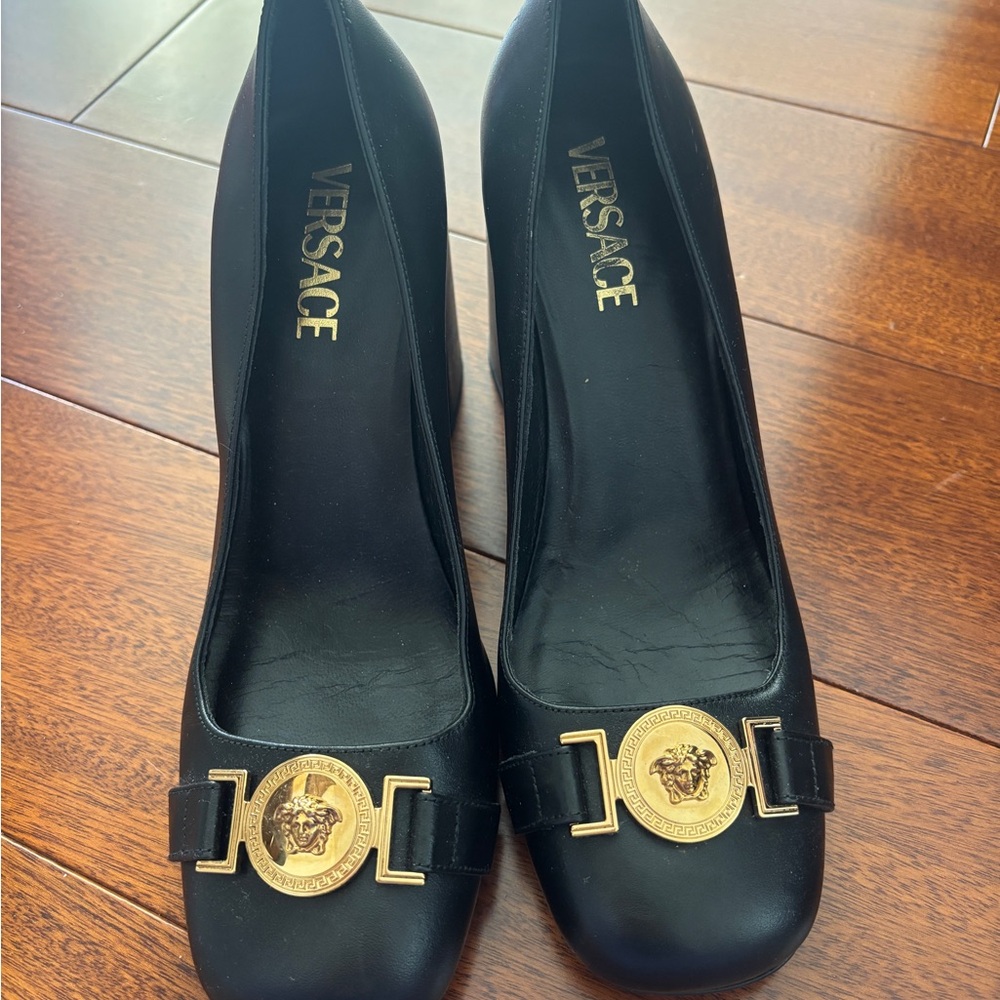 Versace Black Heels with Gold Medallion
